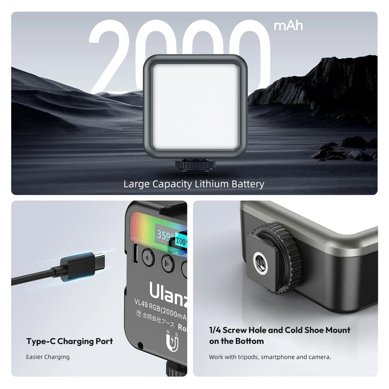 VL49 RGB LED Video Light – 2500K–9000K Magnetic Mini Fill Light (2000mAh, Type-C)