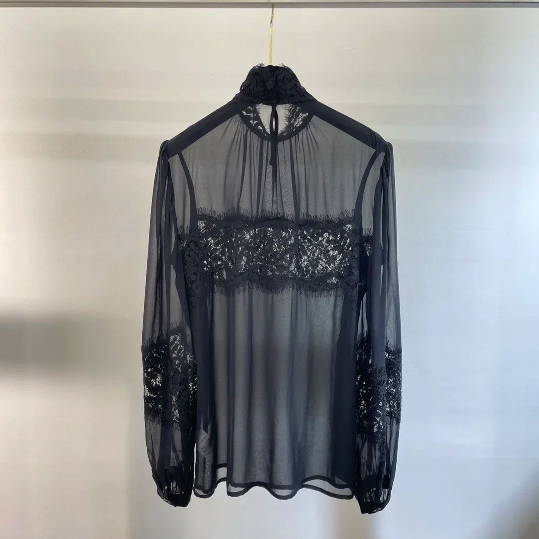 2024 Spring Top End Women 100% Silk Black Lace Patchwork Sheer Blouse Elegant Lady All Match Stand Collar Long Sleeve Tops Shirt