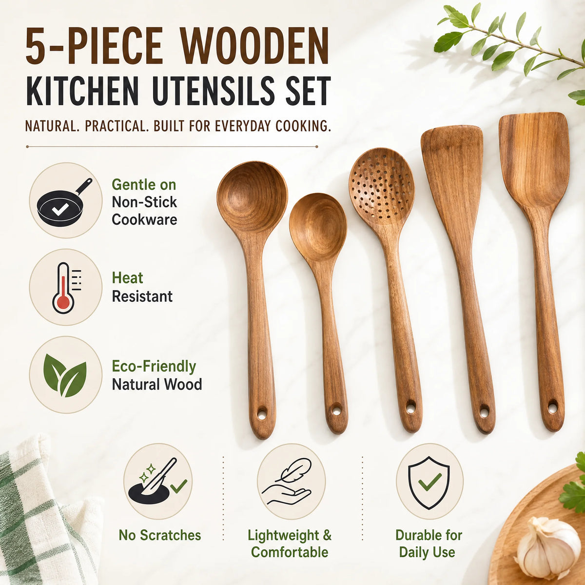 5-Piece Natural Wood Kitchen Utensil Set, Cooking Spoons & Spatulas — product photo 3