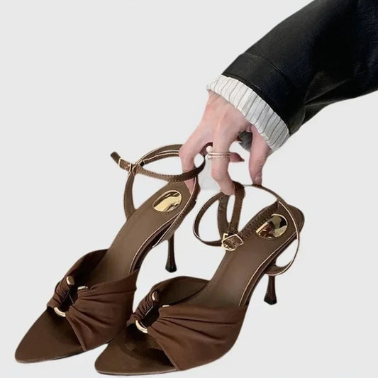 Heels & Pumps — Pleated Metal-Button Stiletto Sandals, Pointed Open-Toe Runway Heels — view 1 of heels & pumps