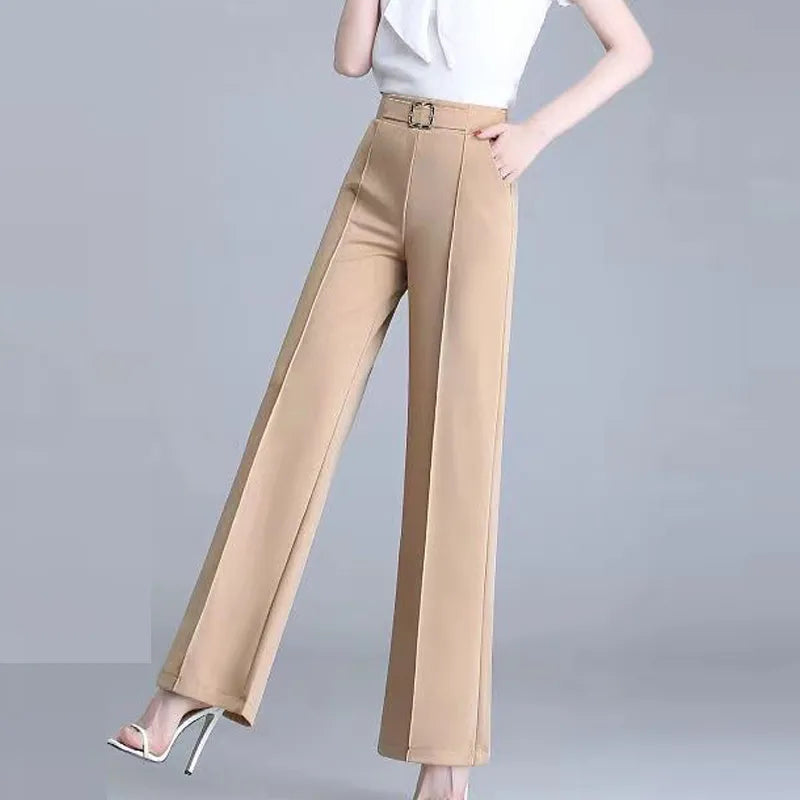 Elegant Fashion Office Lady Belt Straight Suit Trousers Women 2024 Spring Summer High Waist Leg Pants 4XL