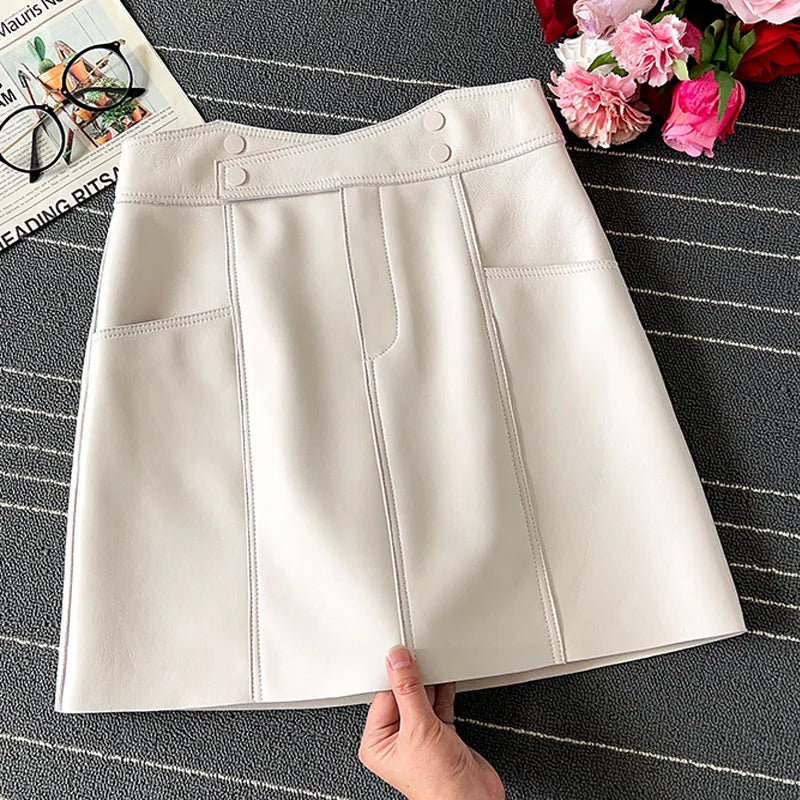 Women Fashion 2023 Spring Harajuku Sheepskin Leather Short Skirt Irregular Pocket A-line Sexy Mini White/Black Solid