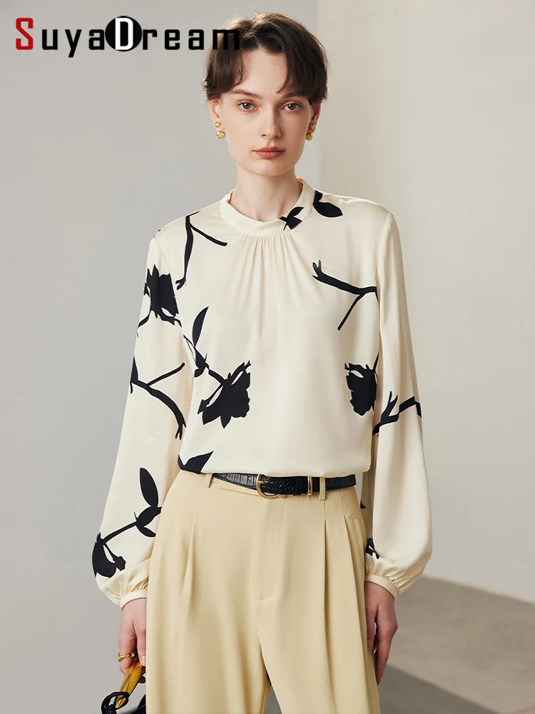 SuyaDream Women Printed Blouses, 90%Silk 10%Spandex, Stand Collar, Puff Sleeves Shirts, 2024 Spring Summer Elegant Top