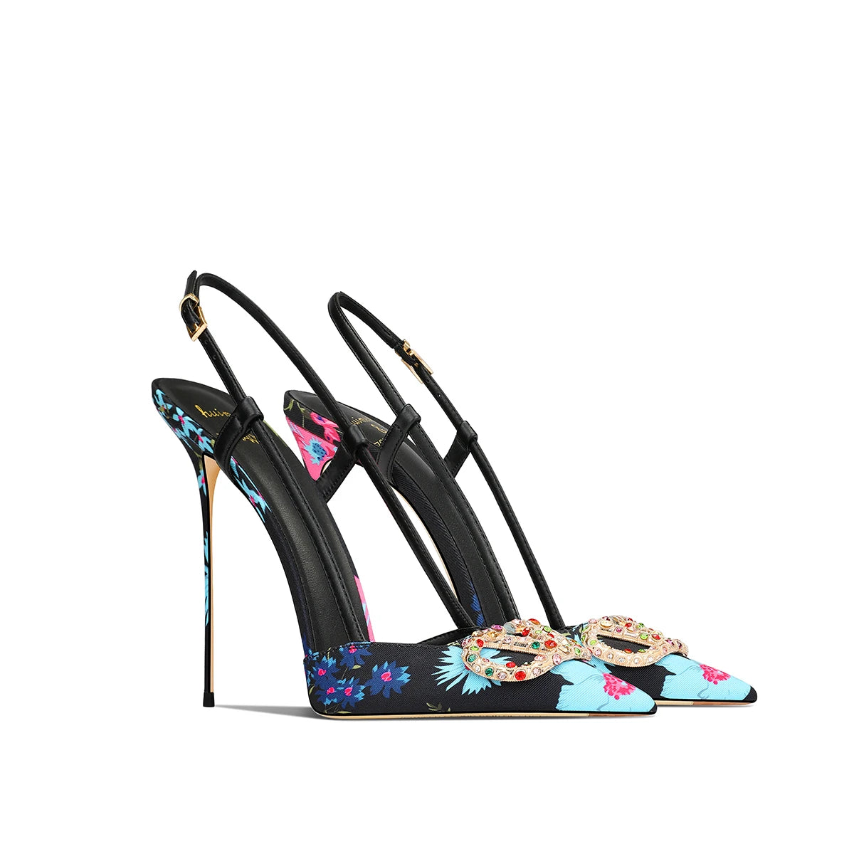 Heels & Pumps — Elegant Black Floral Pointed-Toe Stiletto Heels, Sophisticated Evening Pumps — view 8 of heels & pumps