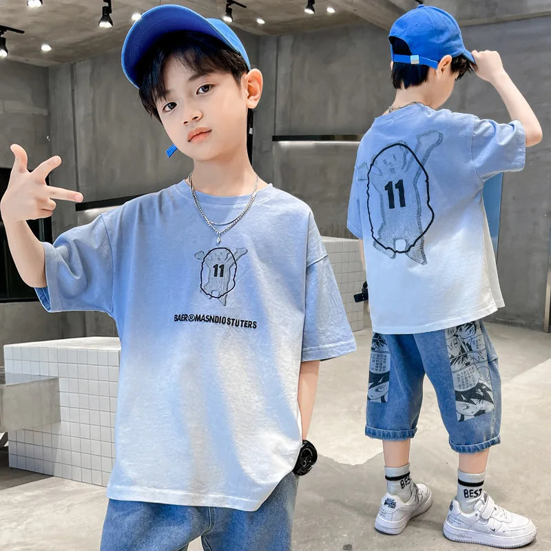 Summer Gradient Sport T-Shirt – Junior Boys’ Casual Short-Sleeved O-Neck Top