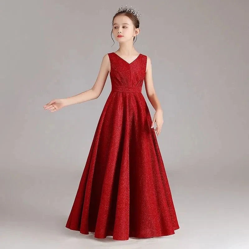 Elegant Black Blue Red Long Teen Kids Evening Gown For Girls Child Costume V neck Wedding Prom Dress 12 14 Years Party Clothes