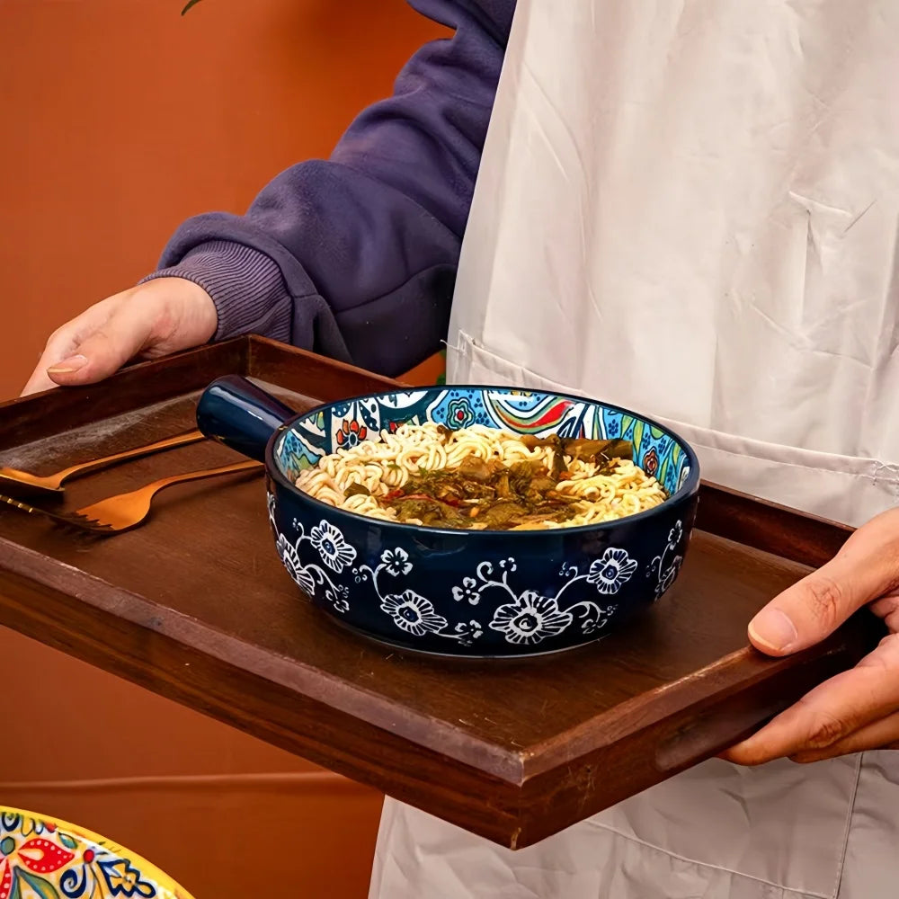 Bohemian Hand-Painted Ceramic Salad Bowl — Embossed Patterned Bakeware with Handle — view 2 of dining & tableware