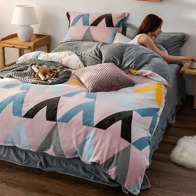 Coral Fleece Four-Piece Set Winter Thicken Thermal Double-Sided Flannel Bed Sheet Leopard Quilt Cover Milk Fiber Bedding