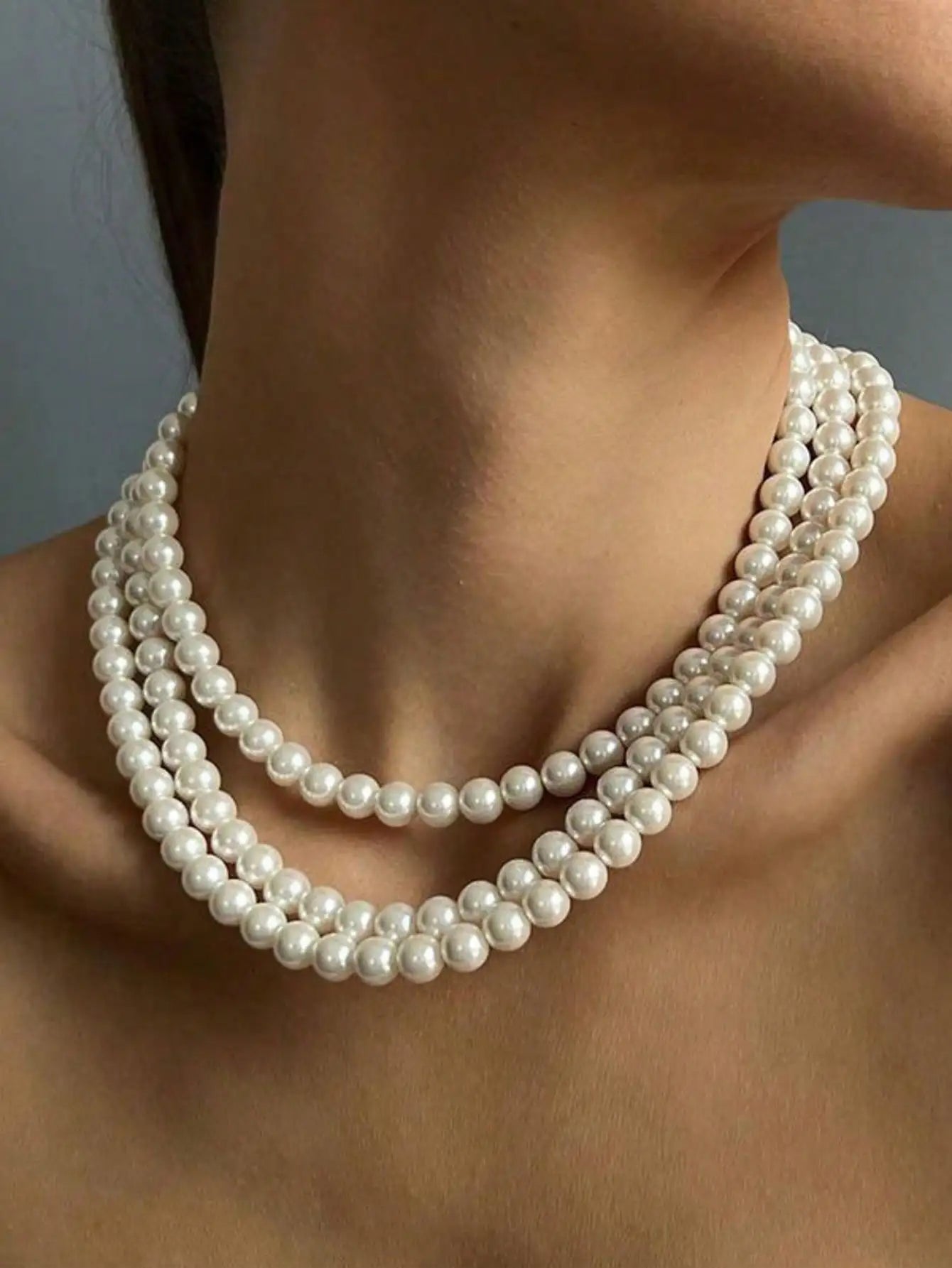 Pearl 3-Strand Layered Necklace — Silver-Tone Clasp Faux Pearl Statement for Women — view 6 of necklaces