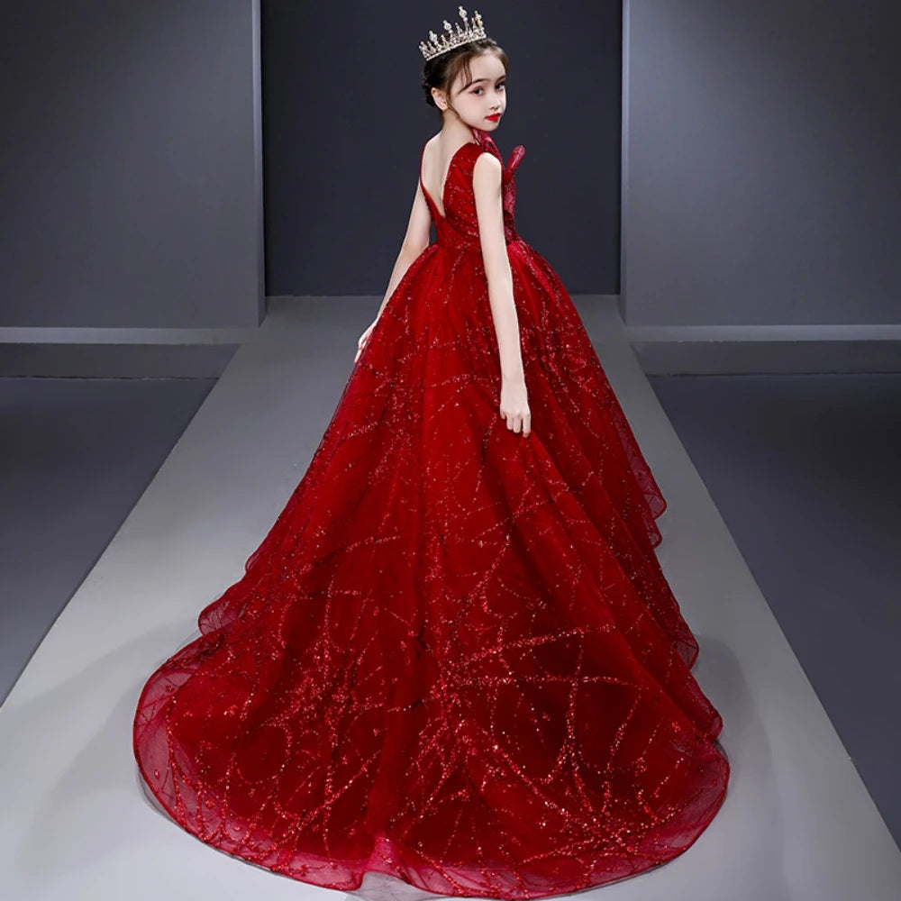 Fashion Red Sleeveless Backless Ball Gown Long With Train Violin Performance Exquisite Sparkly Sequins Evening Dress For Girls