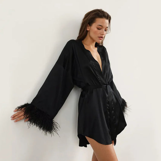 Feather Bathrobes Satin Sexy Mini Dress Long Sleeve Loose Peignoirs For Women Robe White Wedding