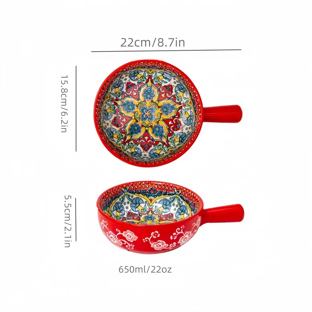 Bohemian Hand-Painted Ceramic Salad Bowl — Embossed Patterned Bakeware with Handle — view 7 of dining & tableware