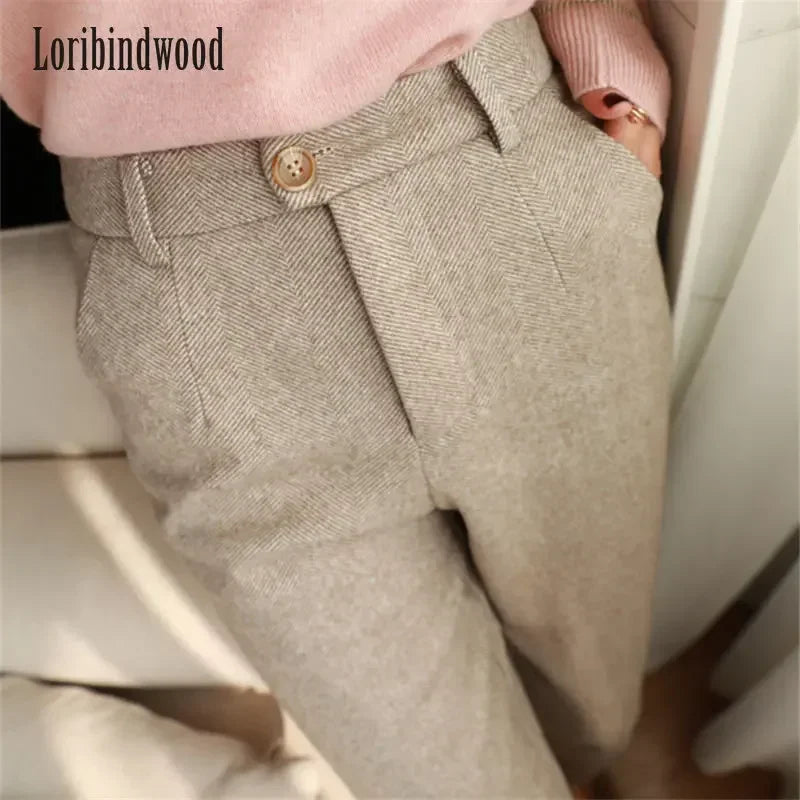 Woolen Pants Women's Harem Pencil Pants 2024 Autumn Winter High Waisted