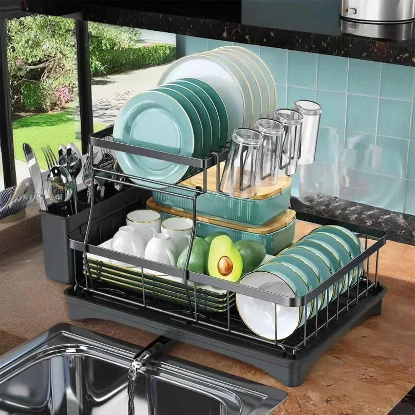 Large 2-tier dish drying rack for kitchen countertops, removable large-capacity dish draining rack — view 3 of product