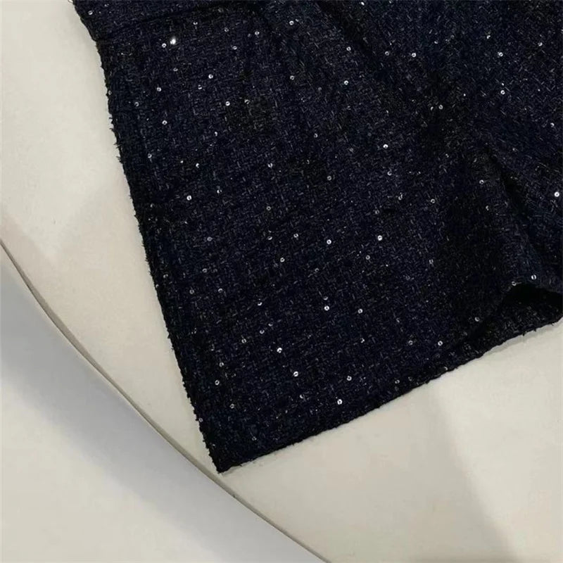 Women's Sequins Black Tweed Shorts 2024 Autumn and Winter New Ladies High Waist Slim Short Pants