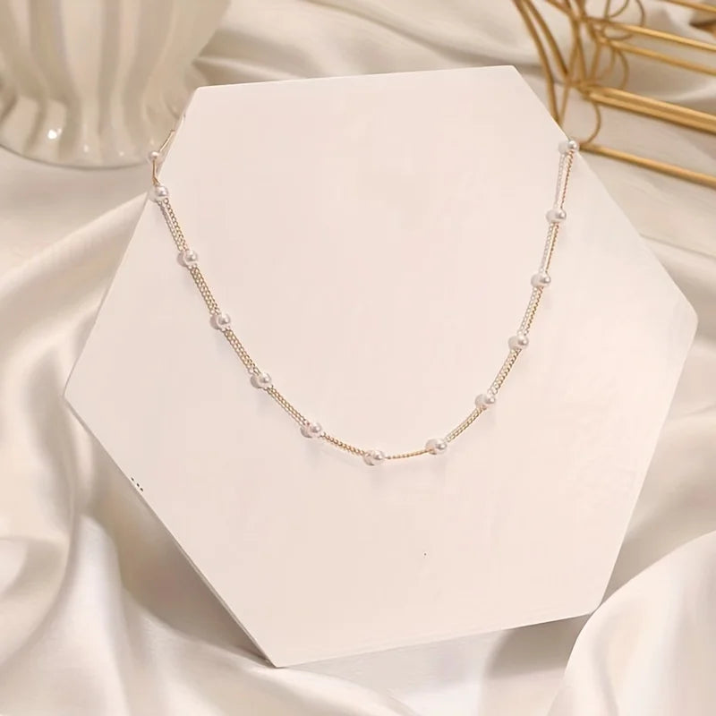 Pearl Baroque Clavicle Chain Necklace — Minimalist Faux Pearl Vintage Accessory — view 2 of necklaces