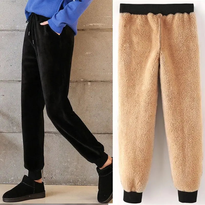 Slim Women Pant Winter Lambskin Cashmere Pants Warm Female Casual Pants Harem Pants Lined Fleece