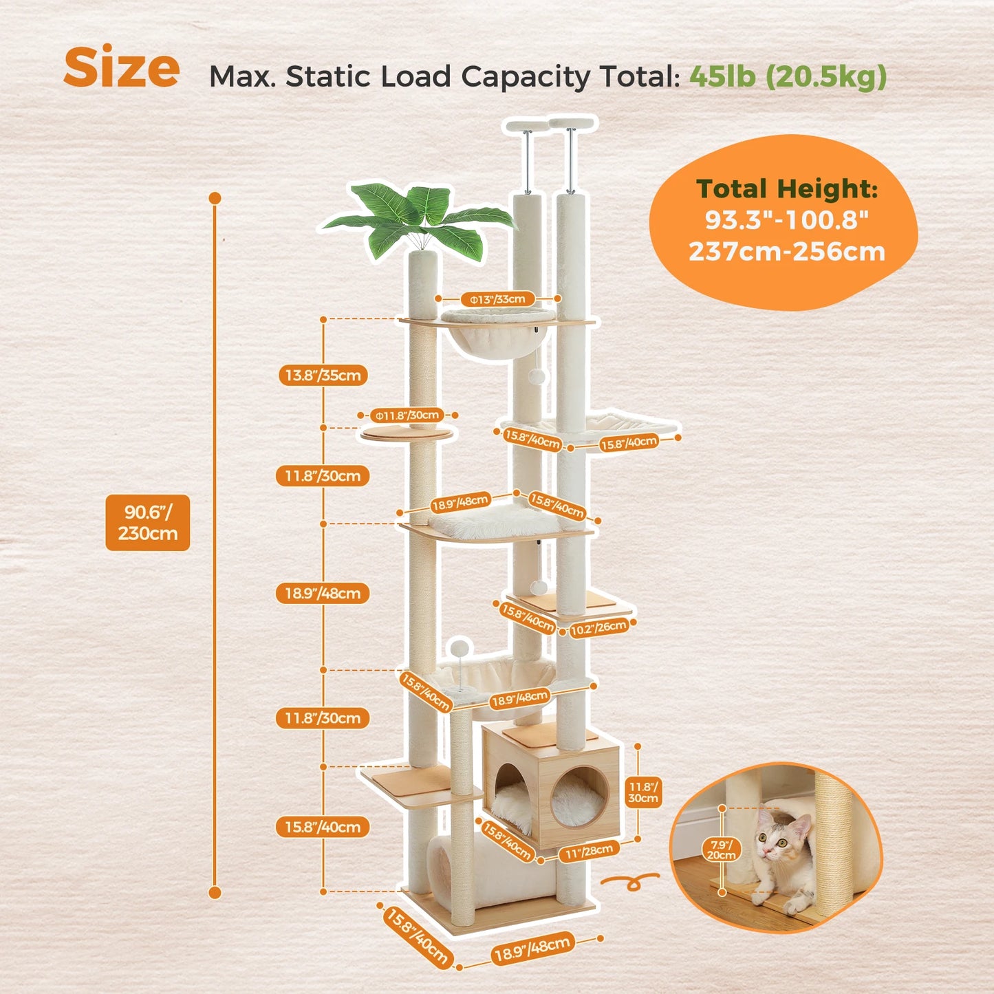 Height-Adjustable Wooden Cat Tree with Hammock & Sisal Scratching Post — product photo 6