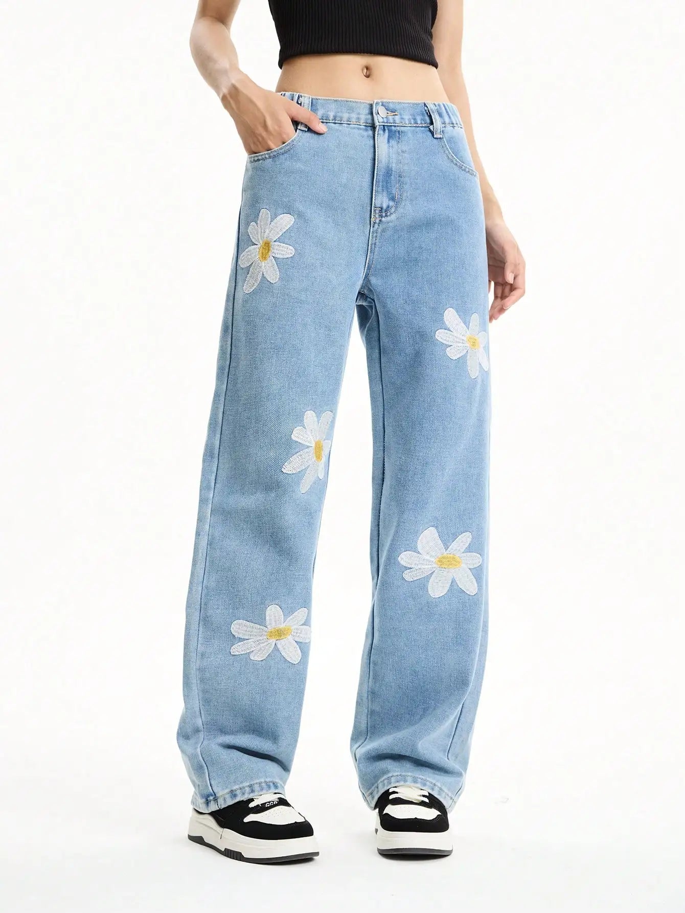 Girls' Light Blue Floral Embroidered Straight-Leg Jeans — Loose Wide-Leg Denim — variant view 5