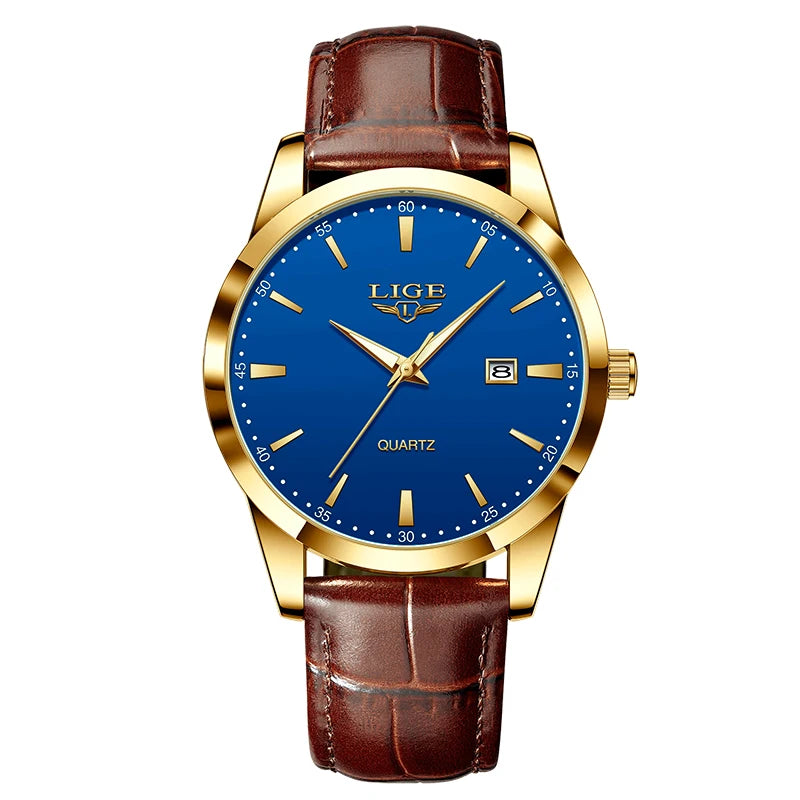 LIGE Men's Brown Leather Watch — Military Sport Quartz Chronograph Wristwatch — view 11 of watches