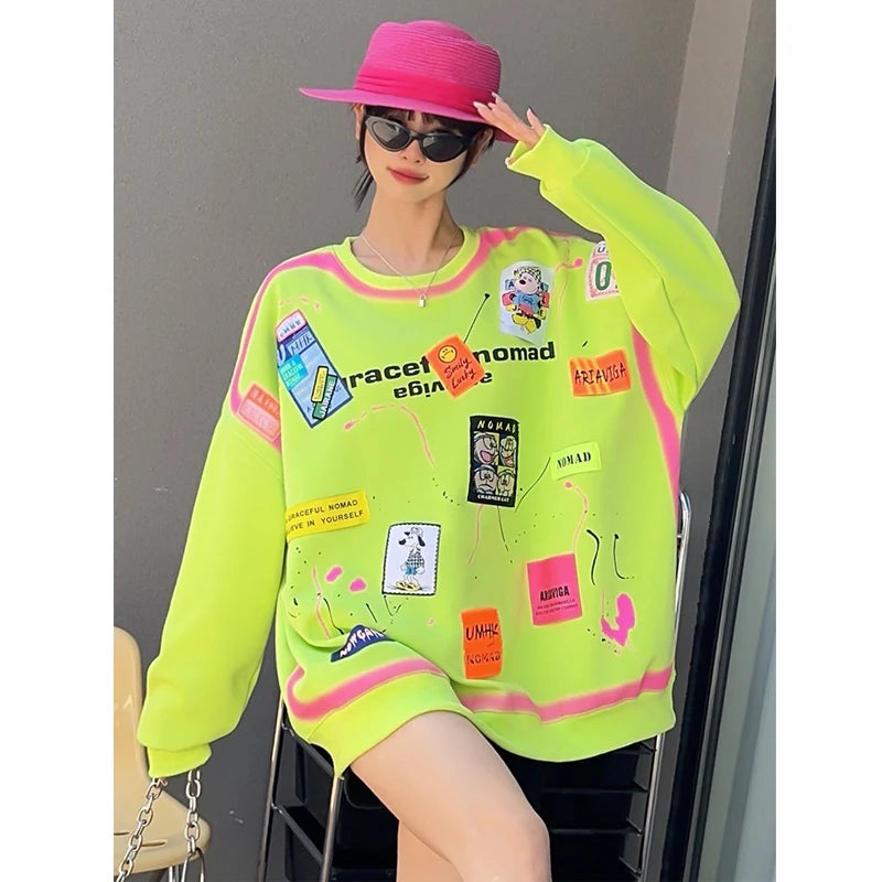 Original Y2K Graffiti Printed O-neck Hoodie Autumn And Winter Women's Fashion Loose Street Dance Club Casual Warm Cotton Hoodie