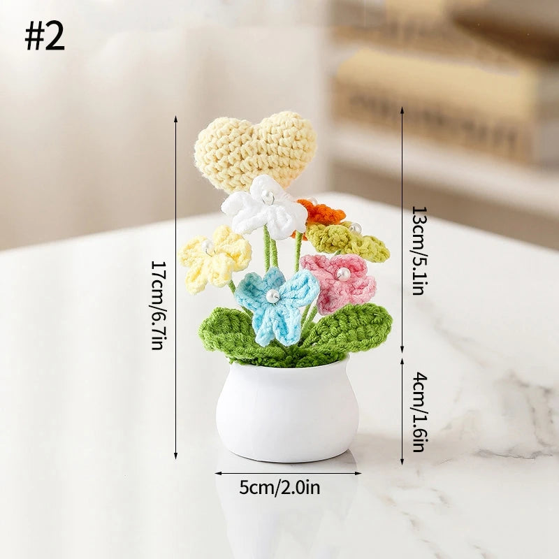 Home Decor Handmade Crochet Potted Plant — Cute Mini Faux Flower for Car, Desk & Office