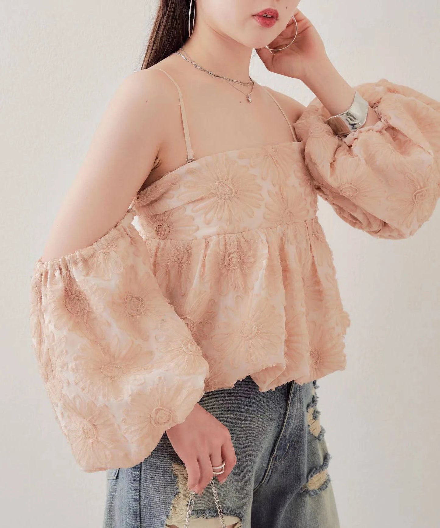 Japanese Elegant Commuter Mesh 3D Cut Flower Square Collar Off-shoulder Puff Sleeve Suspender Tops Short Blouse Shirt For Women