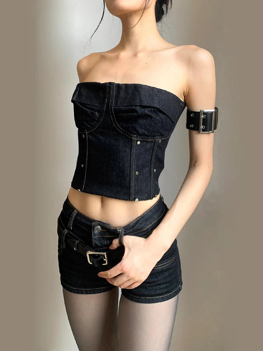 RORORIRI Steampunk Studded Corset Top Denim Shorts Women 2-piece Set Low Rise Short Pants Spliced Tube Top Retro Y2k Streetwear