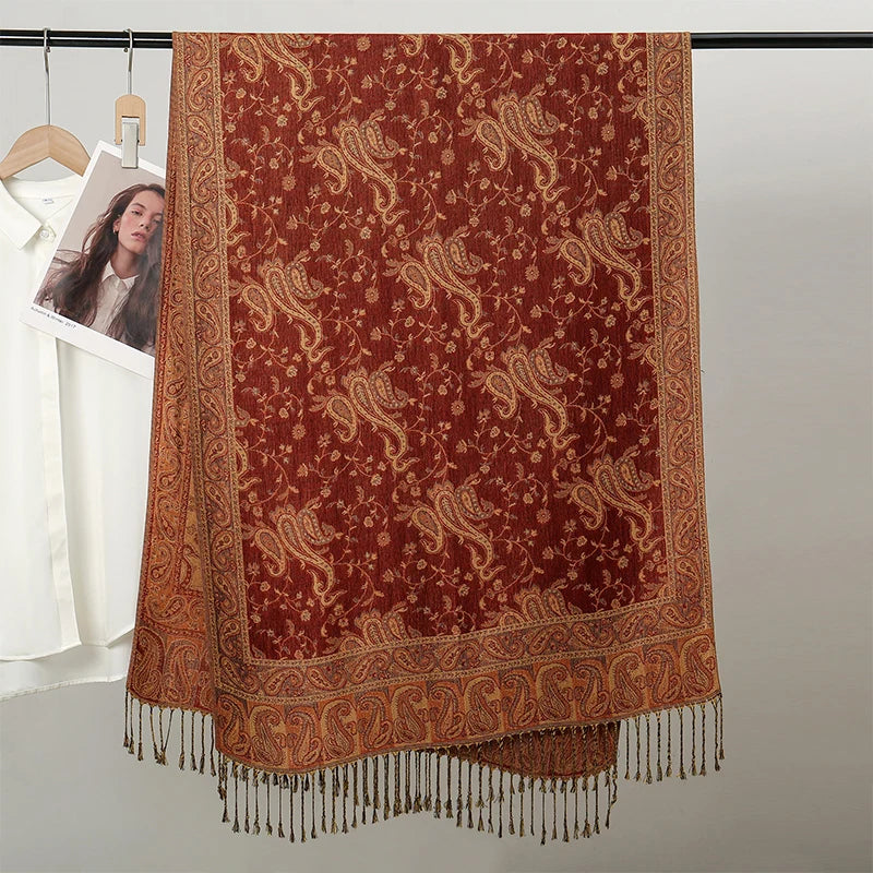 Pashmina Scarf European Bohemia Paisley Jacquard — Museum-Piece Cashmere Shawl Wrap 70×190cm