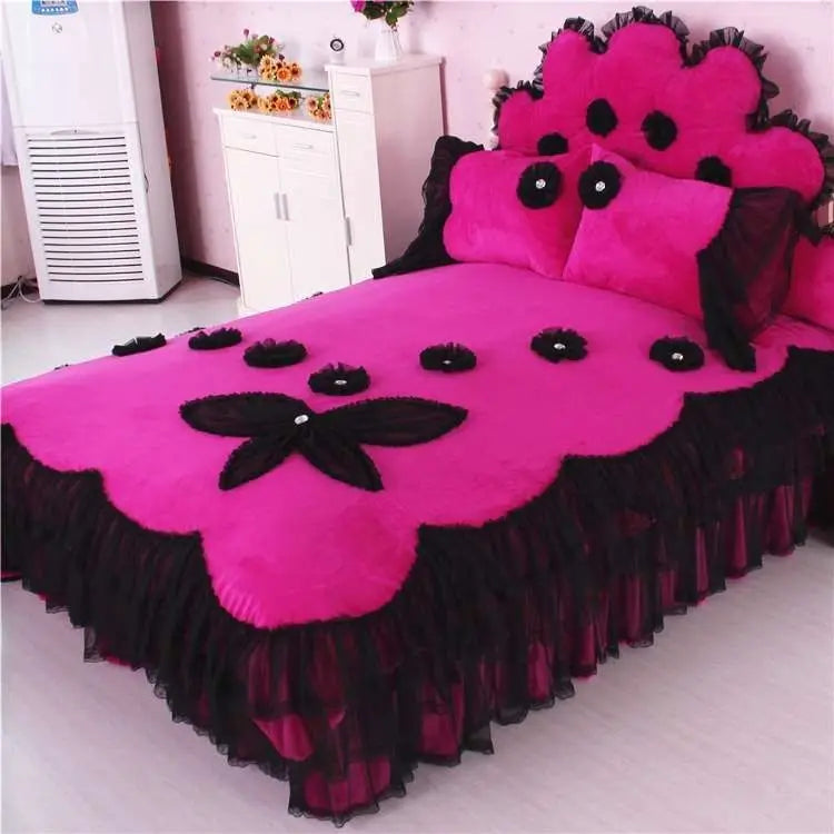 Winter Coral Fleece 4pcs Set Lace Princess Wind Pastoral Padded Plush Bed Skirt Double-sided Fleece Quilt Cover Bedding Sets