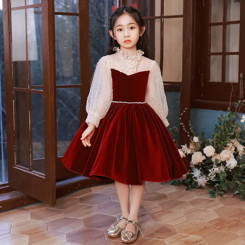 New Luxury Evening Dress for Girls Children Beading Ball Gowns Children Piano Performance Costume Teenagers Elegant Red Vestidos