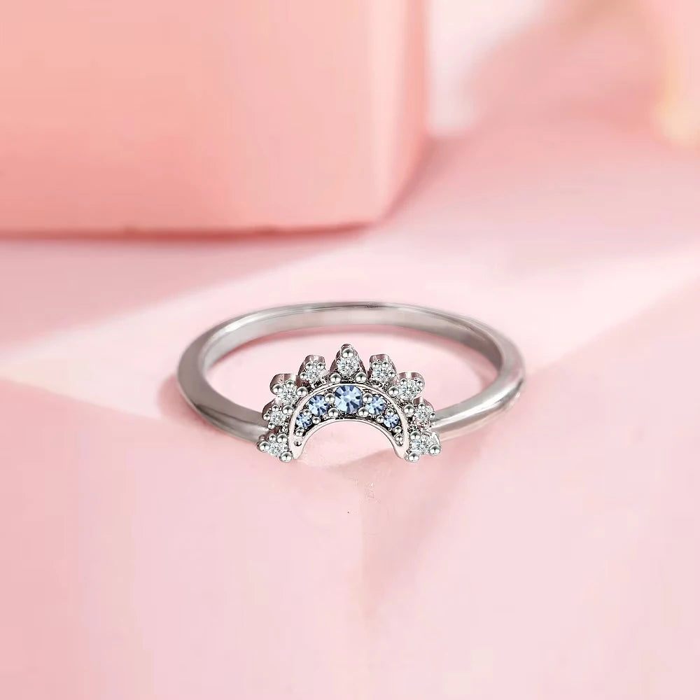 Unisex 925 Sterling Silver Sun & Moon Couple Ring Set — Sky Blue Cubic Zirconia Jewelry — view 8 of jewelry