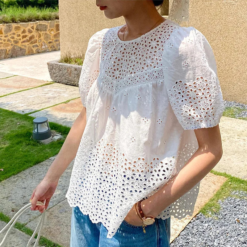 Floral Eyelets Cotton White Blouse Vacation Embroidered Cut-out Puff Sleeves Tops Short-sleeved Summer Shirt Women Clothing