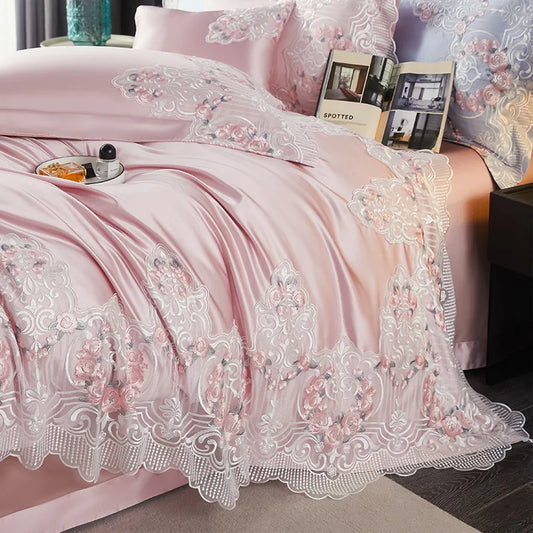 Luxury Hotel Wedding Bedding Set – 600TC Long-Staple Cotton Embroidered Pink Princess Duvet Cover