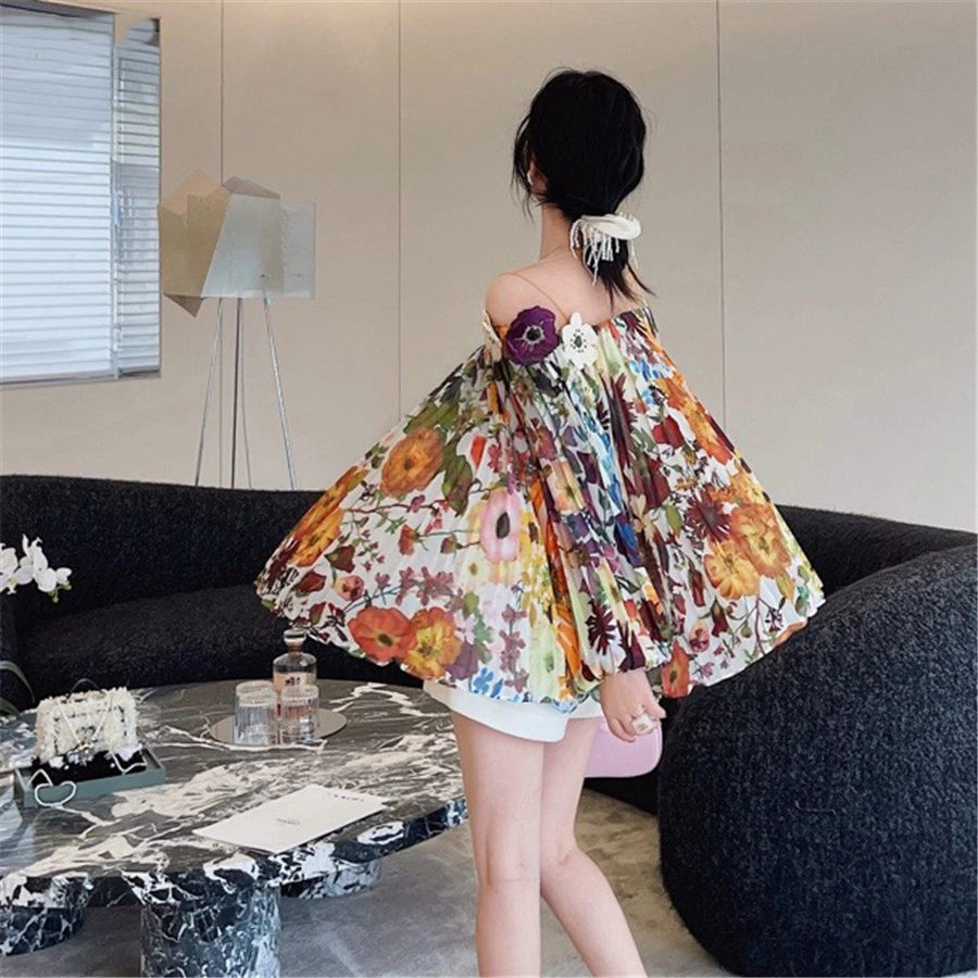 2024 Spring Women Top Patchwork Mesh Off Shoulder Printed Blouse Three-dimensional Flower Fashion Draped Loose Shirt