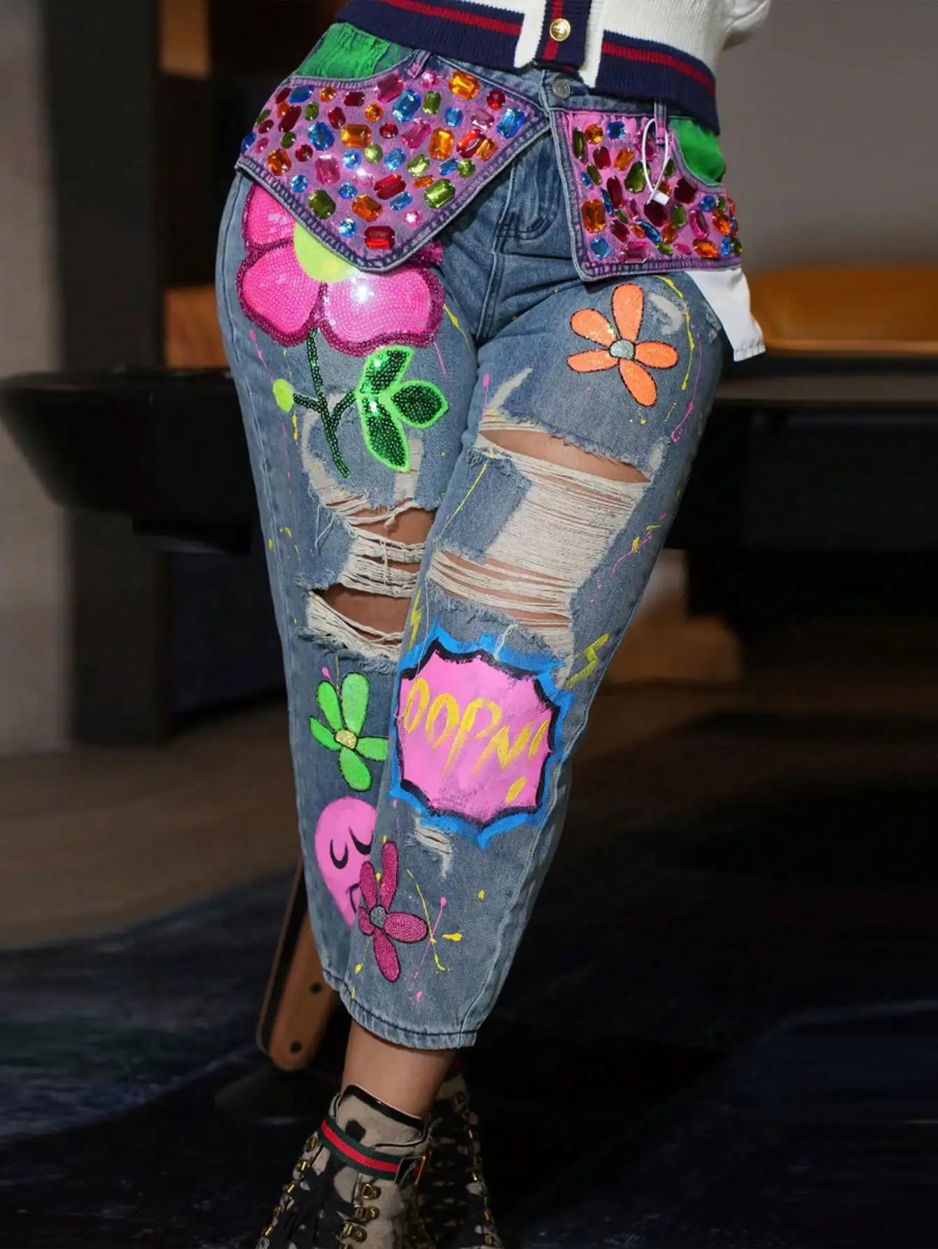 Rhinestone Graffiti-Print Distressed Jeans — Party Streetwear Statement Denim — back view