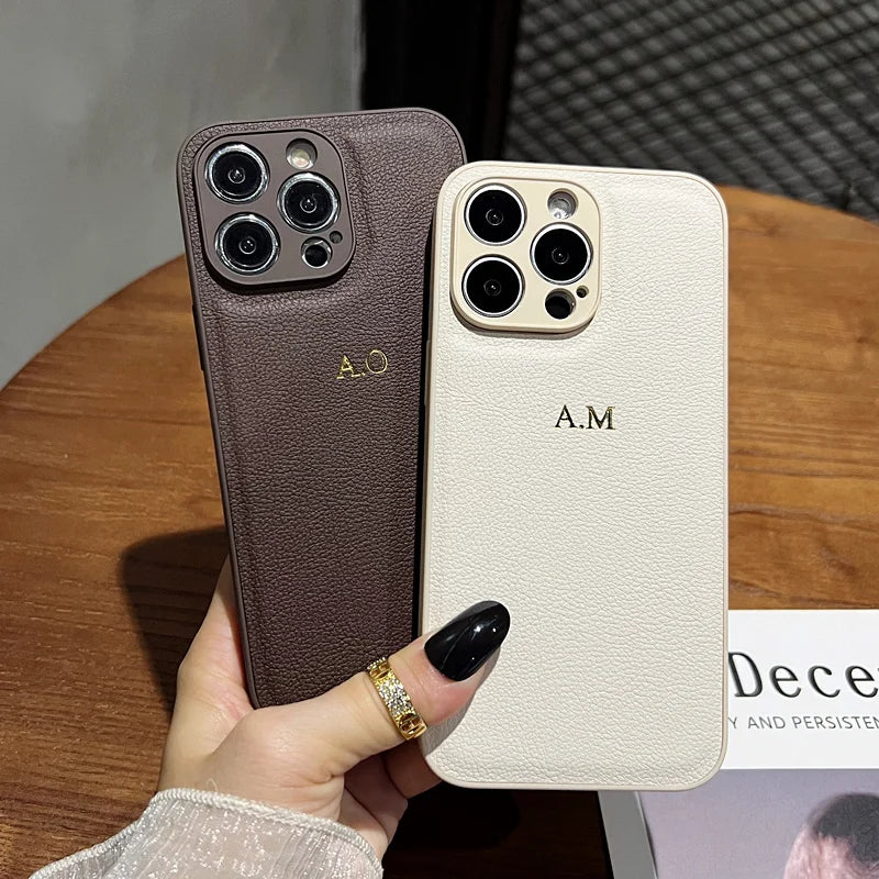 Personalized Gold Initial Leather Case for iPhone 11–17 Pro Max Custom Name — view 2 of phone cases