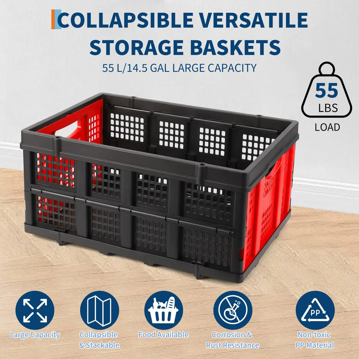 55L Collapsible Stackable Storage Crate, Heavy-Duty Folding Bin — product photo 2