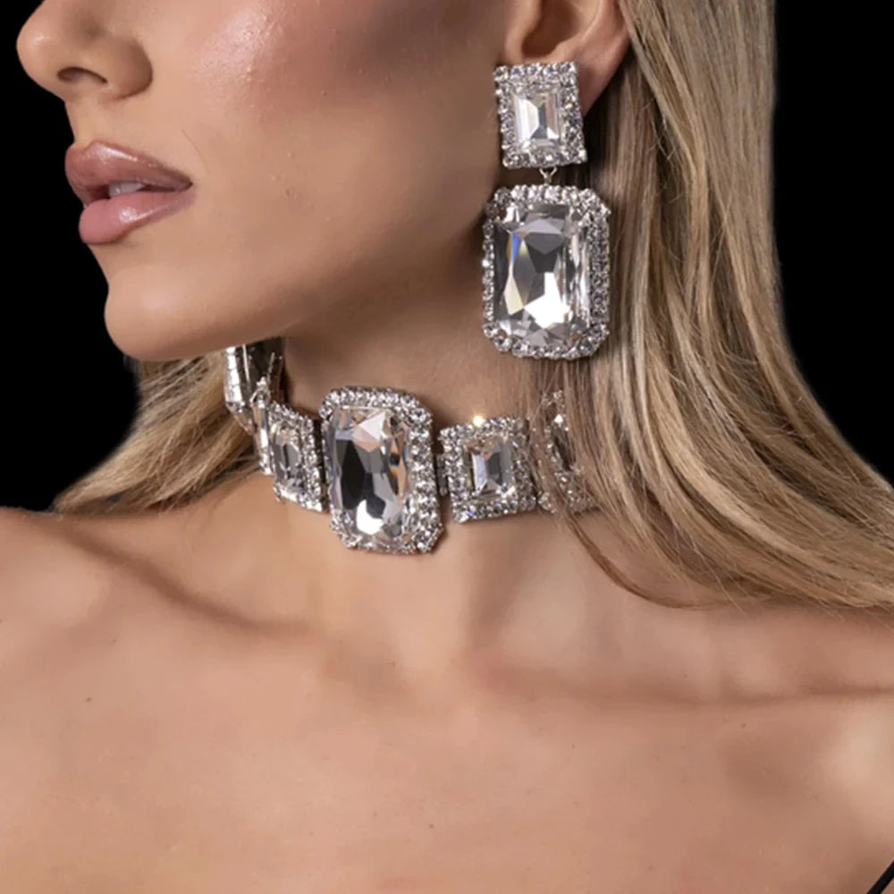 Bridal Crystal Necklace & Earrings Set Wedding Bridesmaid Jewelry Sparkling Rhinestone Statement Set — view 7 of jewelry sets