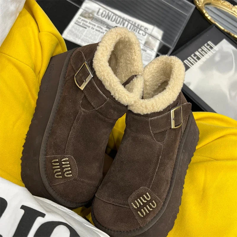 Fur Platform Ankle Boots for Women — Suede Flats with Warm Plush Lining — view 9 of boots