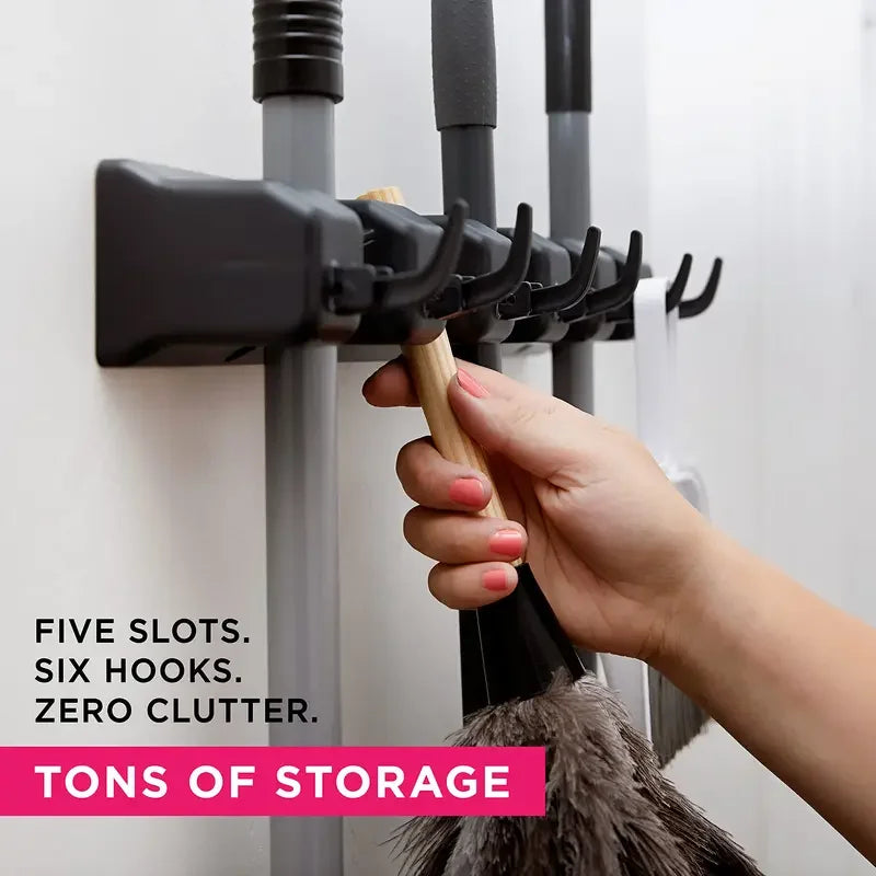 Storage Organizer Wall-Mount Mop Holder — 3/4/5-Position Broom Pendant Shelf for Kitchen & Home — view 2 of storage & organisation