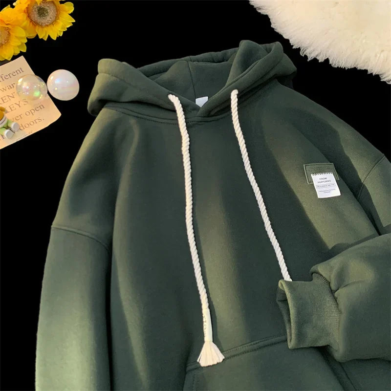 Unisex Solid Color Hooded Sweatshirt – Y2K Oversized Fleece Pullover with Appliques