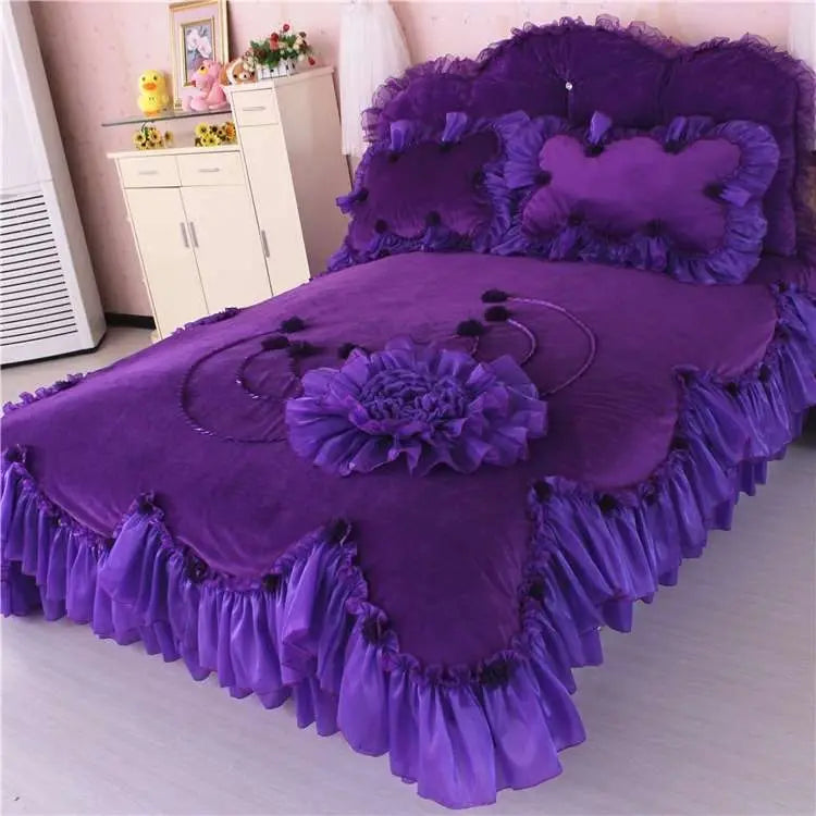 Winter Coral Fleece 4pcs Set Lace Princess Wind Pastoral Padded Plush Bed Skirt Double-sided Fleece Quilt Cover Bedding Sets