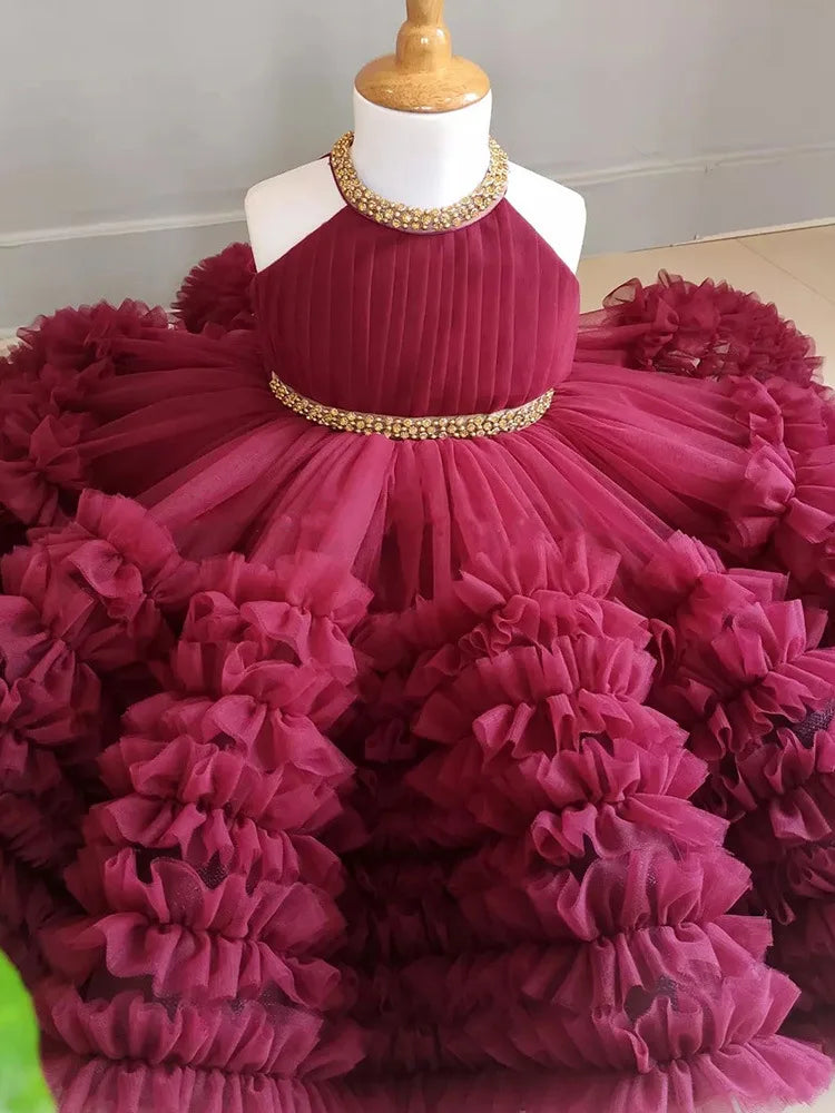 2024 Summer Girls Sweet Fluffy Dress Performance Dress Wine Red Flower Girl Princess Dress Walk Show Formal Big Butterfly Christ