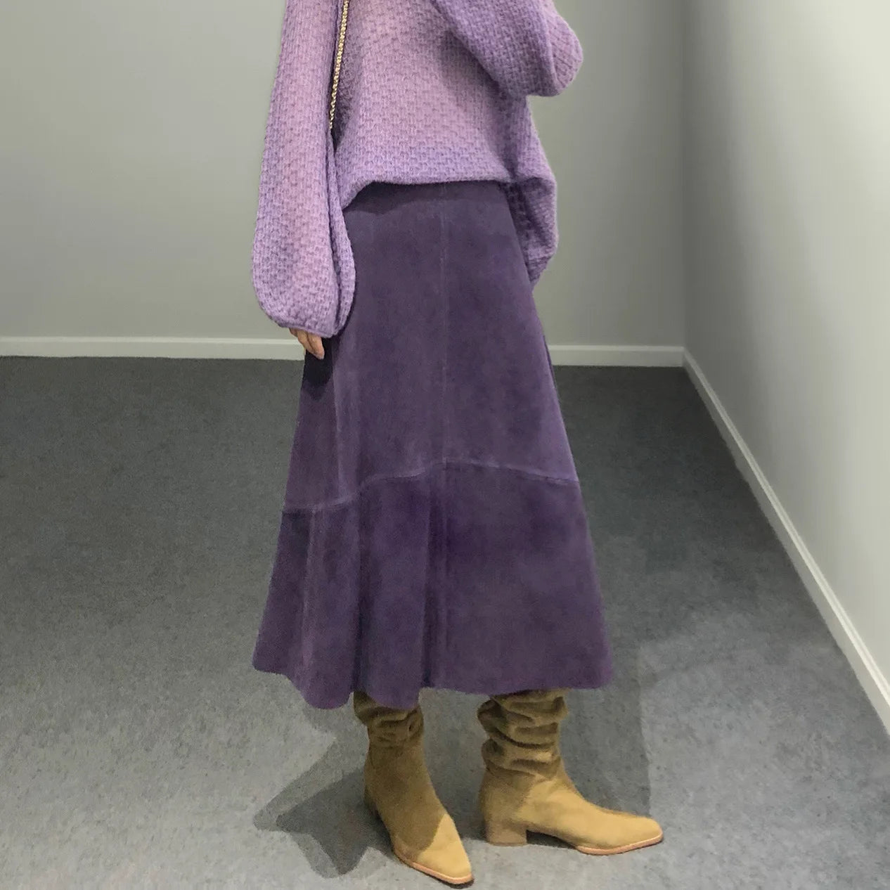 Women Purple Suede Leather Skirt 2024 Trend Spring Harajuku Big Hem 85 cm Long Faldas Mujer Chic Bohemian 100% Leather Dress