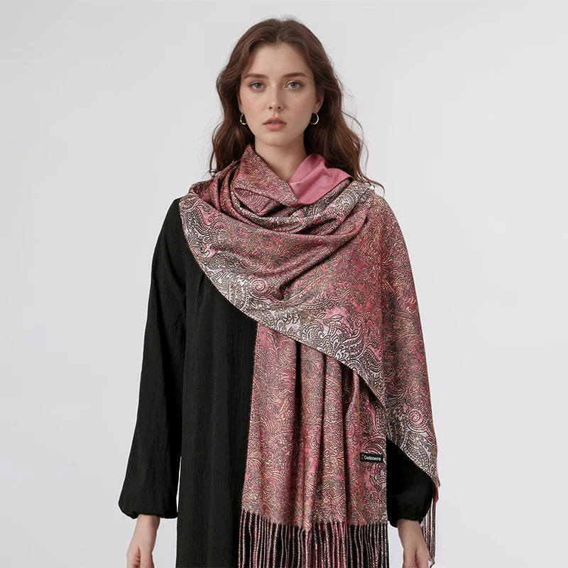 Luxury Paisley Pashmina Embroidery — Cashmere Reversible Drape Floral Designer Shawl Wrap — view 3 of scarves & wraps