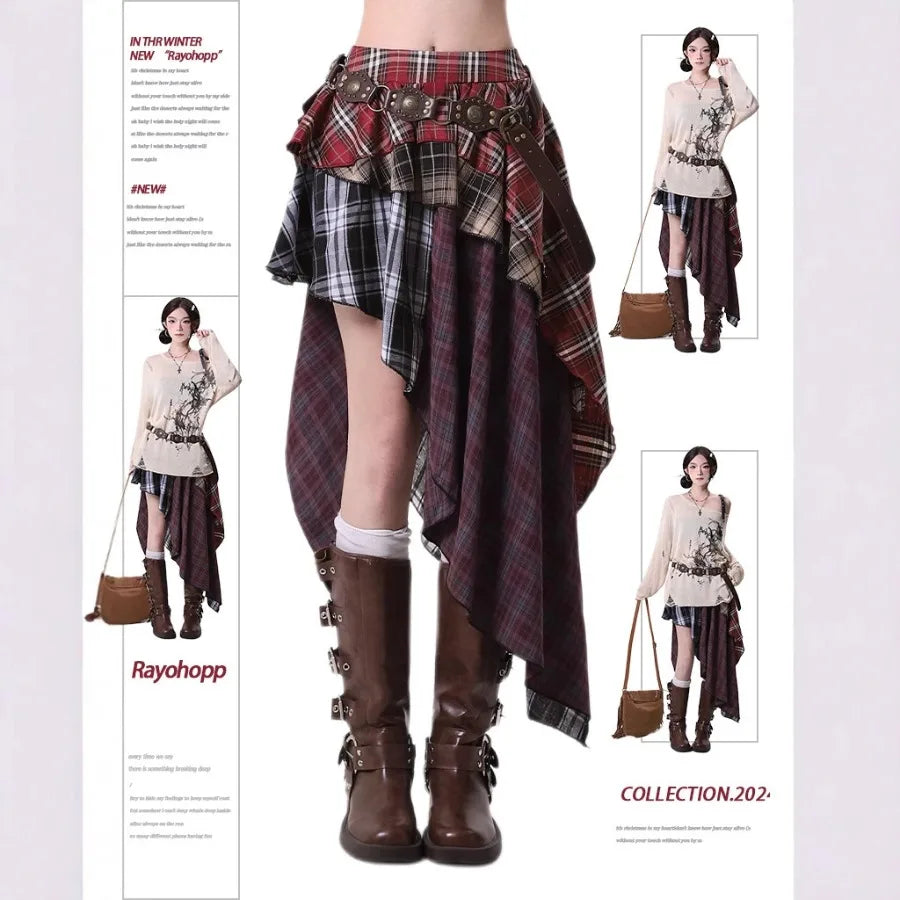 Vintage Plaid Asymmetric High-Waist Skirt — Preppy Academia Statement — front view