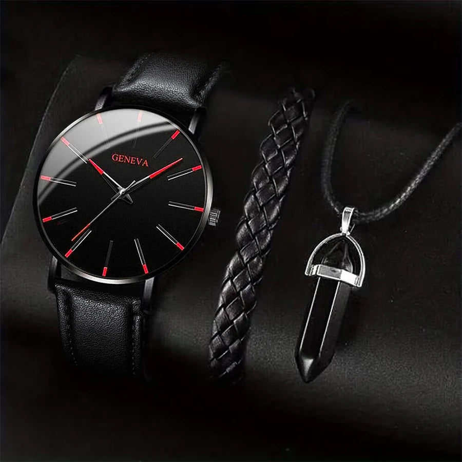 Men's 3pc Business Watch Gift Set — Leather Quartz Wristwatch, Necklace & Bracelet — view 7 of watches
