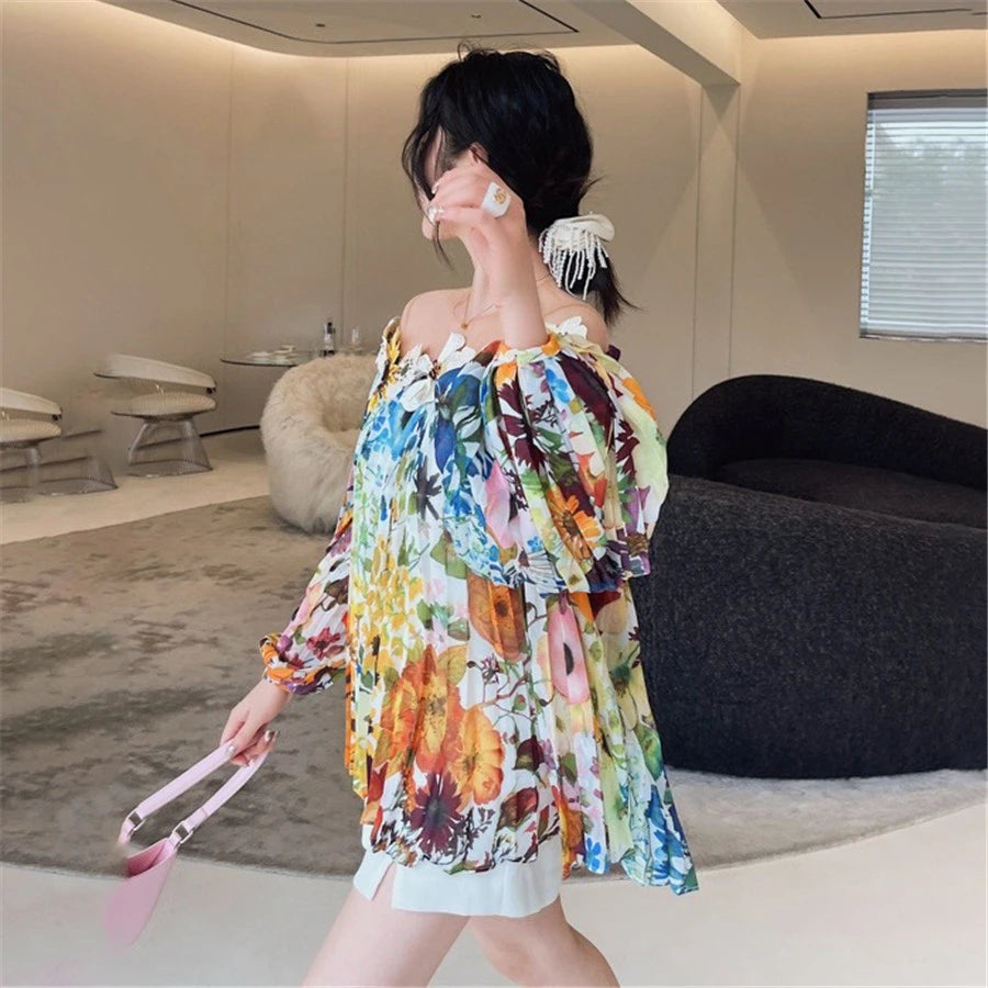 2024 Spring Women Top Patchwork Mesh Off Shoulder Printed Blouse Three-dimensional Flower Fashion Draped Loose Shirt