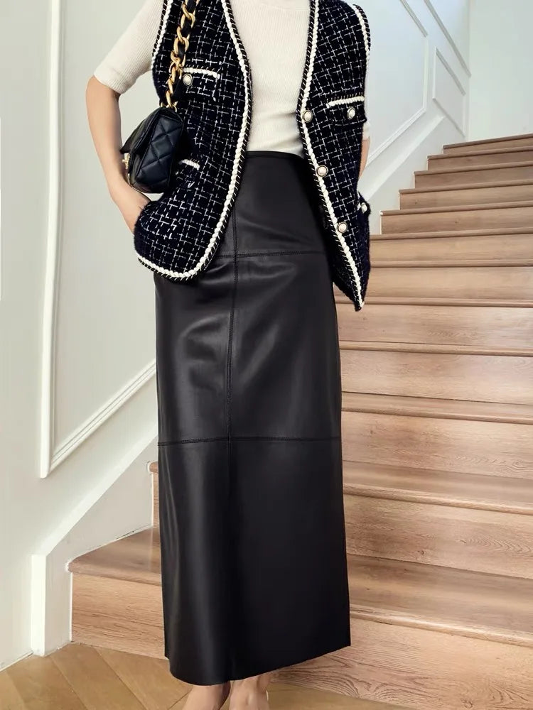 Long Skirt For Women 2023 New Fashion Vintage Black Genuine Sheepskin Leather Pencil Skirts High Waist Elegant Luxury